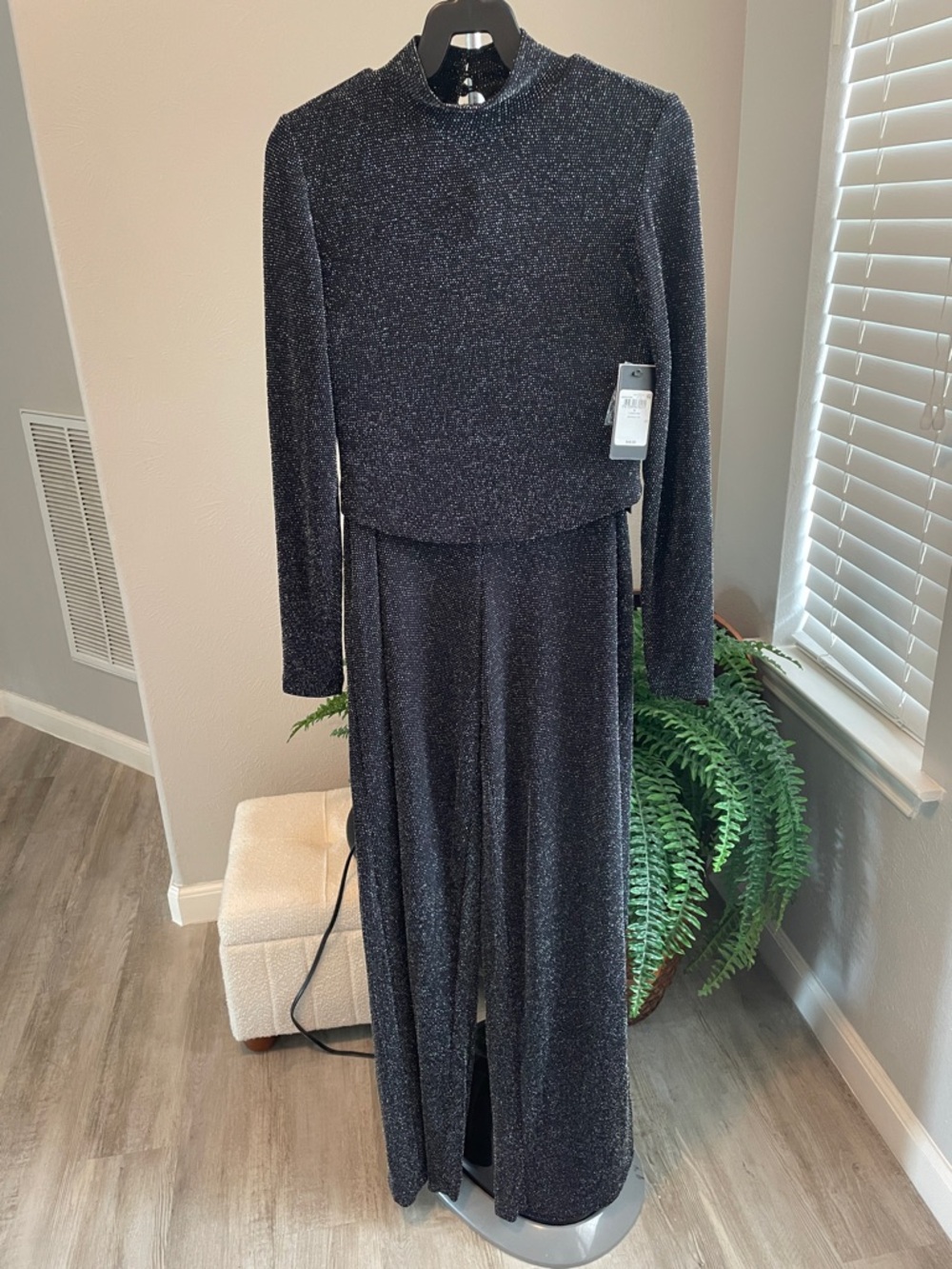 Guess Black Glitter Long-Sleeve Wide-Leg Pant and Cut Out Back Top - 2 pc set